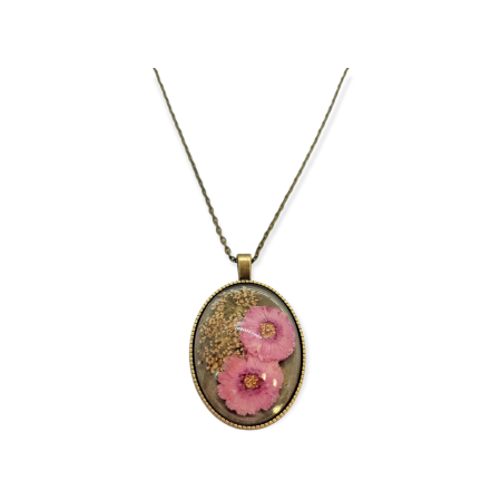 Necklace bronze oval purple flowers